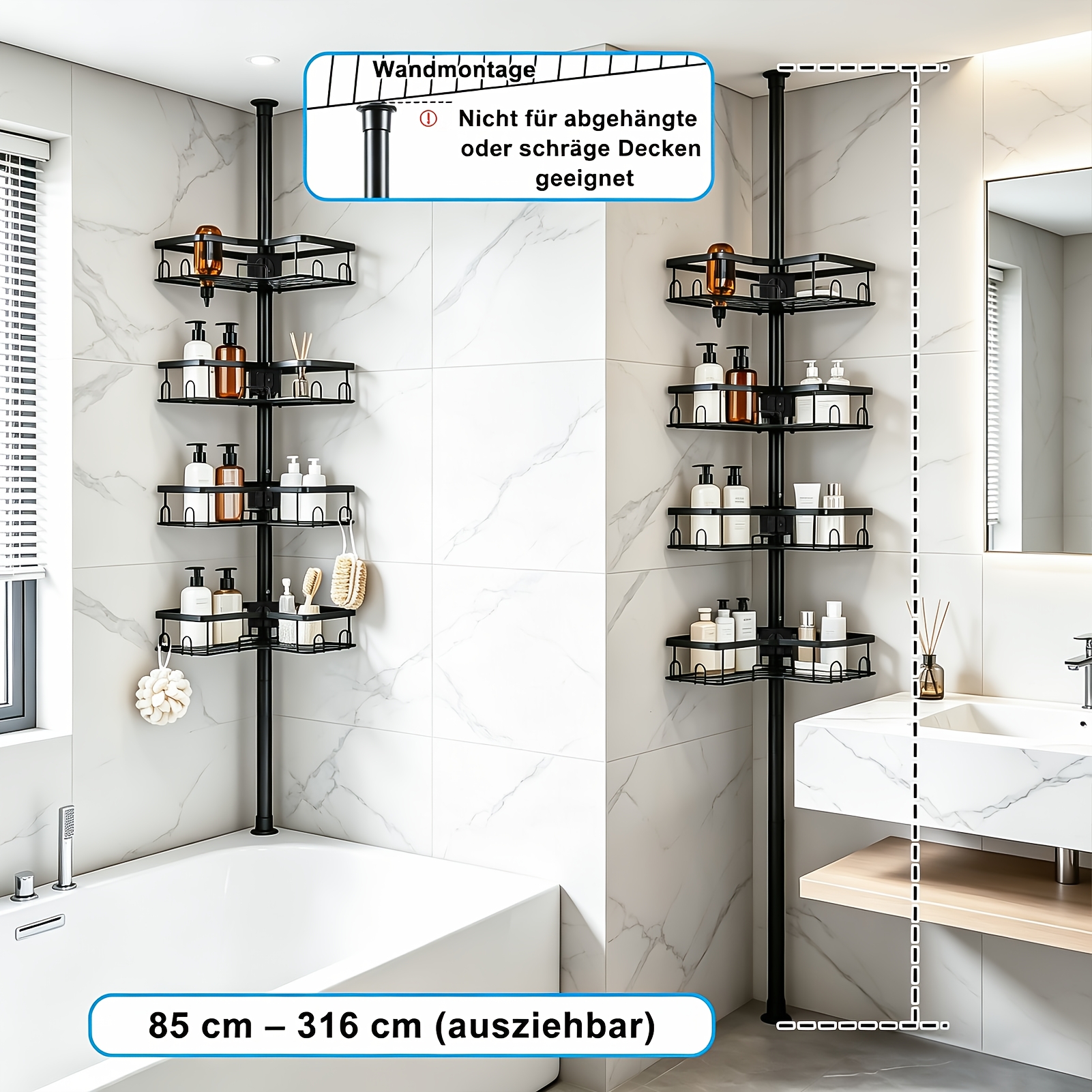 Image of Telescopic Shower Shelf Without Drilling, Height-adjustable Corner Shower Shelf With 4 Shelves, Bathtub & Kitchen Corner Shelf, Shampoo Holder, Stainless Steel (83-316cm), Shower Caddies