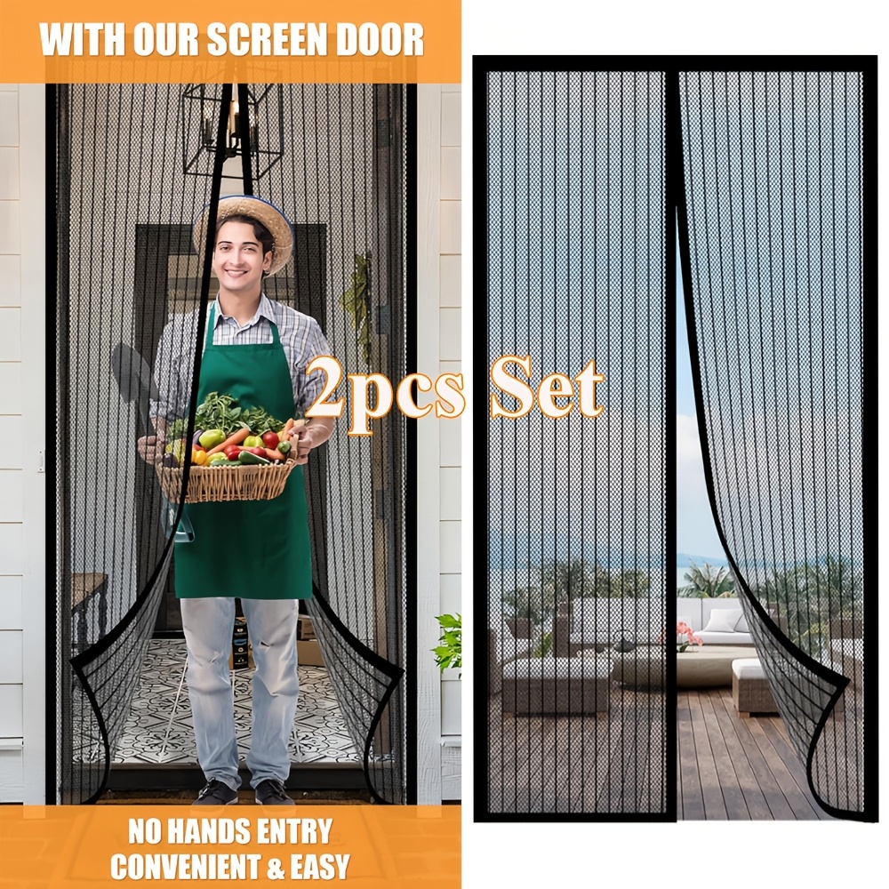 TEMU 1 Or 2pcs Magnetic Screen Door, Door Curtain, Self-sealing, Mesh, , Striped Polyester Fabric, Perfect For Indoor, Outdoor Use, Indoor Outdoor