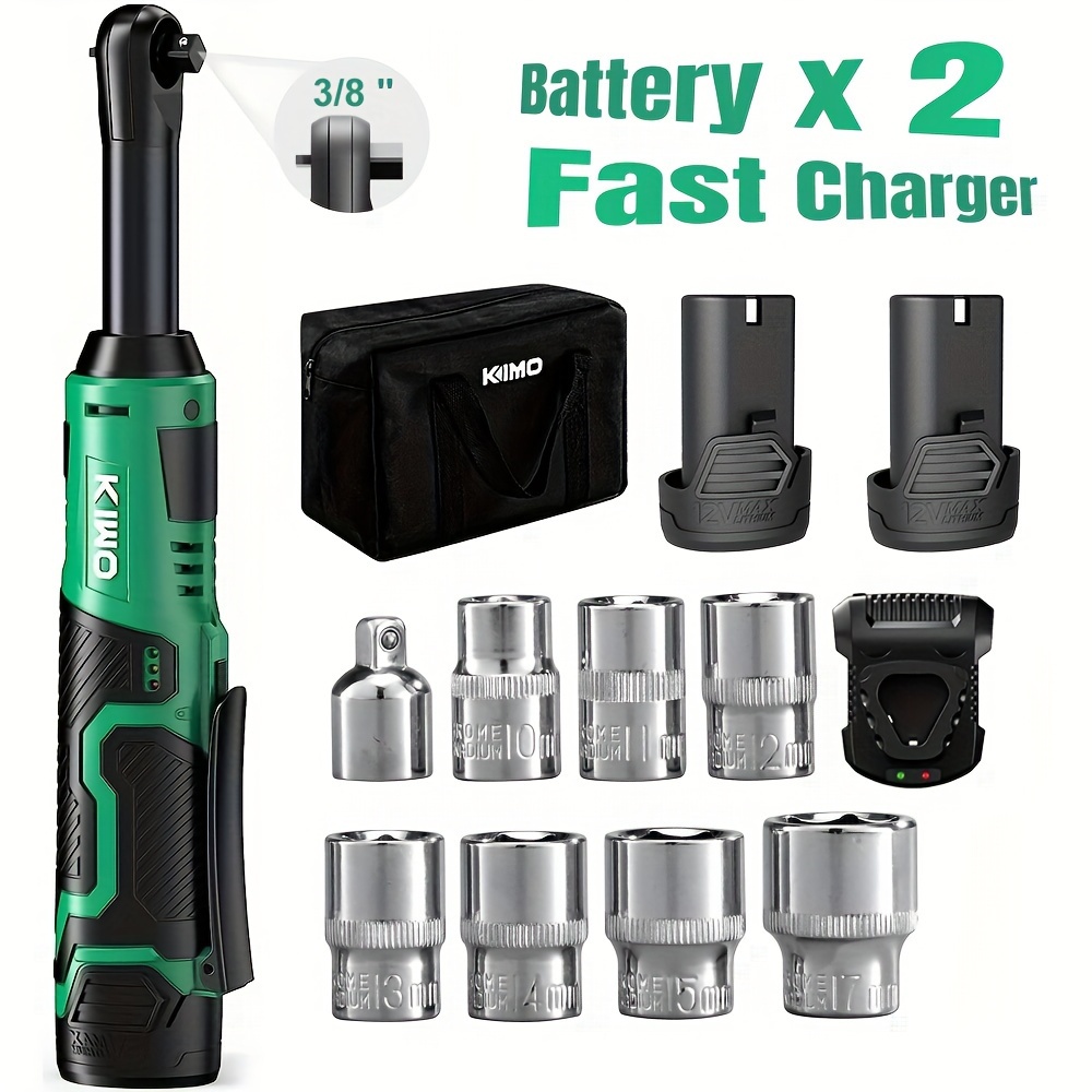 

3/8" Extended Long Neck Cordless Electric Ratchet Wrench Set With 2 Packs Lithium-ion Battery, 1 Fast Charger, 7 Sockets Kit And Tool Bag, Power Ratchet Wrench Tool Kit, Battery Powered Ratchet For