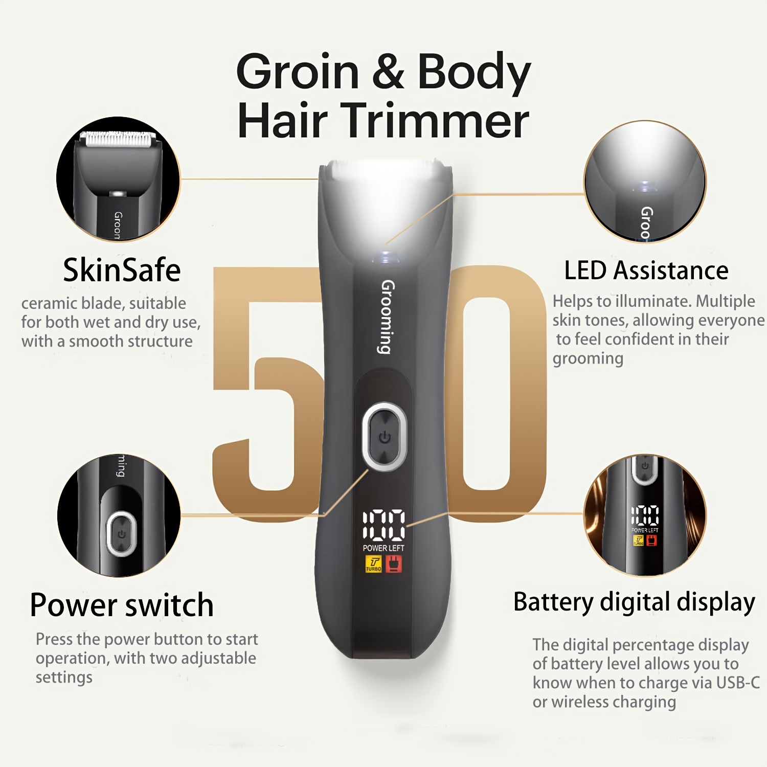 Water-resistant Men's body hair trimmer & shaver, LCD screen LED light, Men's groin and bikini electric ball shaver, with replaceable ceramic blades, 4-size protective cover, 2-speed shaver, suitable for beauticians, Xmas and Black Friday gifts