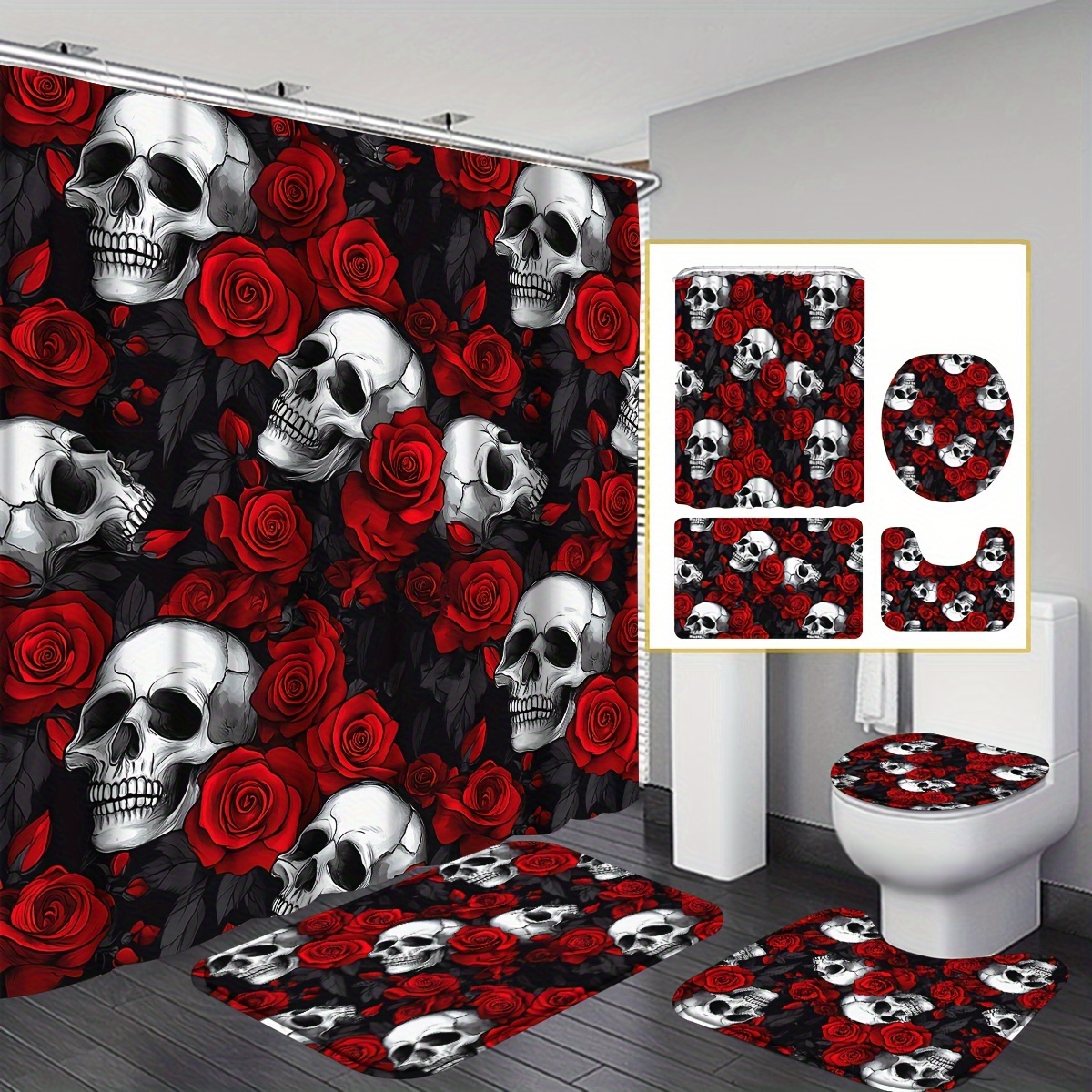 

4pcs Gothic Bathroom Set With Red Roses & - Waterproof Shower Curtain, Toilet Seat Cover, And Floor Mats, Includes 12 Hooks - Polyester, Easy-clean, Decor For