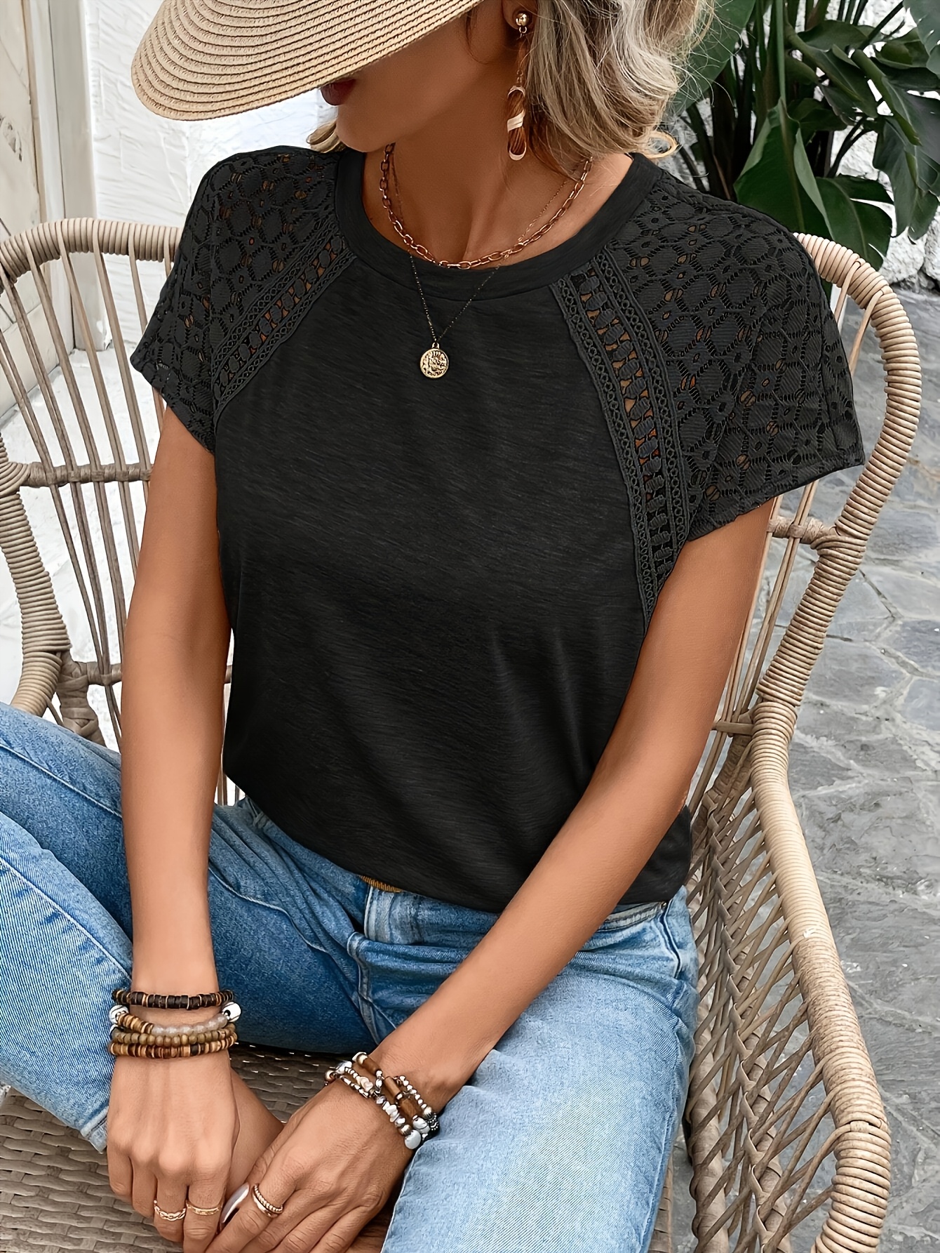 womens elegant solid color lace sleeve t shirt summer   blouse with breathable fabric machine washable versatile for casual formal outfits cropped tee style soft   ladies t shirts Product details 24