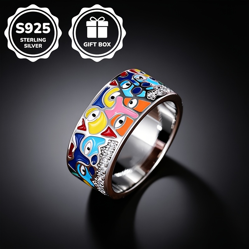Image of 1pc S925 925 Silver Fashionable Colored Enamel Synthetic Synthetic Zircon​ Ring, Unisex, High-quality Jewelry, Sizes 6, Suitable For Daily Casual Wear And Holiday Parties