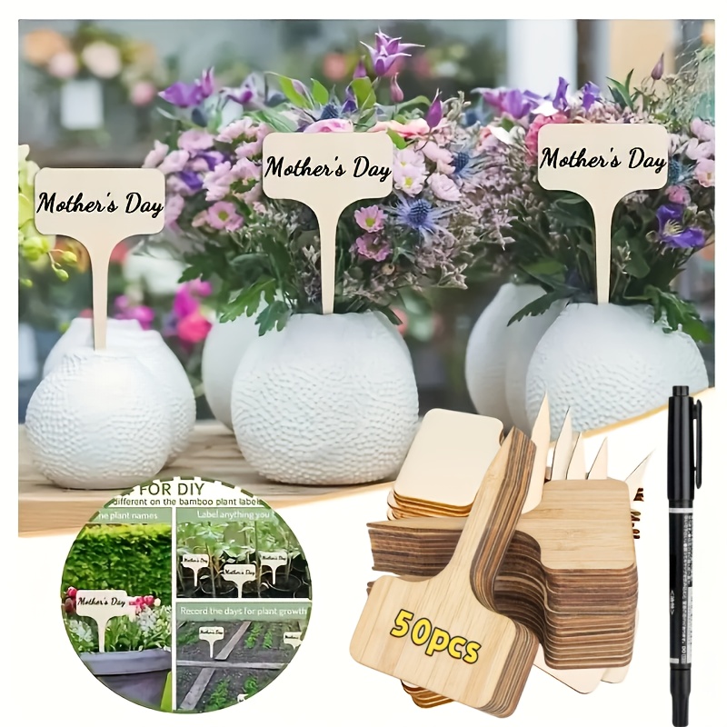 Image of 50 Pack Bamboo Plant Labels With -shaped Durable Garden Markers, Waterproof & Write-on Sticks For Indoor/outdoor Plants, Seedlings, Herbs, Vegetables - Marker Included (compatible With Marker Tips)