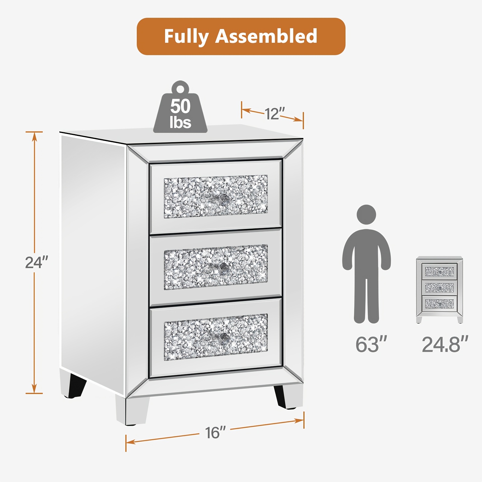Image of High-end Elegant Modern Bedside/hallway Storage Cabinet With Three-layer Drawers And Inlaid Crystal, 24-inch High-capacity Storage Cabinet, Bedside Table, Hallway Storage Cabinet, Stylish Storage