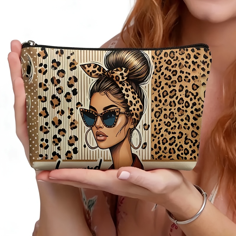 TEMU Reusable Leopard Print Makeup Bag, Fashionable Women's Cosmetic Bag, Multi-colored Animal Print And Print Travel Toiletry Storage Box, Zippered