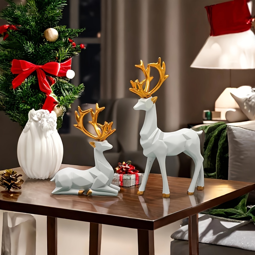 TEMU Conjunto de 2 Figurinhas de Veados Elegantes Brancos - Estátua de Resina Premium para Decoração de Natal - Ideal…: retailer-supplied image