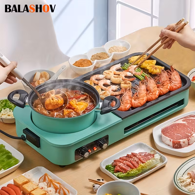 eu plug 2in 1 electric grill hot pot premium non stick pan powerful multi function boiler versatile for korean bbq and soup ideal for 3 6 people essential kitchen accessories removable and washable Product details 0