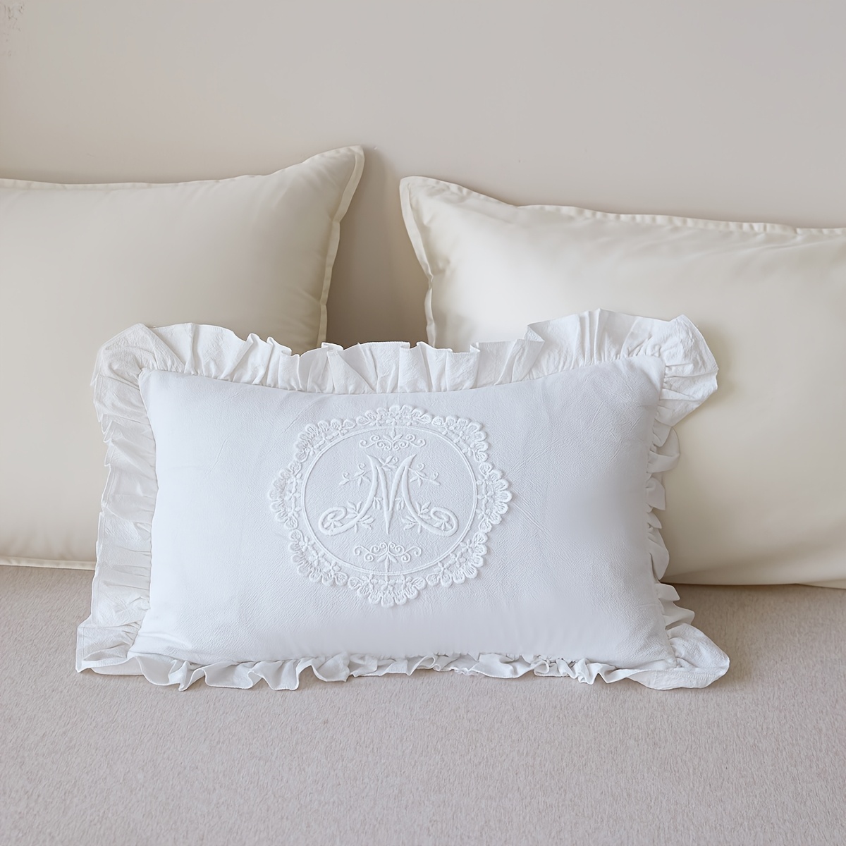 Image of Boho Cushion Covers | French Floral Pillow Shams With Hidden Zipper For Farmhouse Decor, Bedroom, Living Room - Cottagecore And Romantic Wedding Gift Idea - With Trim (18x18inch And 12x20 Inch)