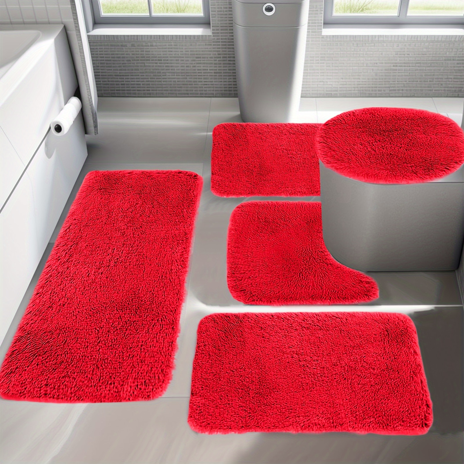 TEMU 3pcs/4pcs/5pcss Solid Color Long Fleece Bath Mat Set Bathroom Rugs Sets Thick 3/4/5pcs Bath Mats For Bathroom Mats Sets Bathroom Rugs For Toilet