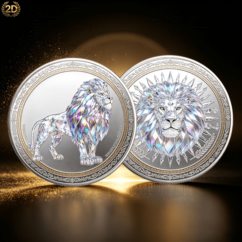 TEMU 1pc 2d Flat Printing Alloy Commemorative Coin, Light Luxury Iridescent Lion Sun Ray Double-sided Medal, Animal Ornament, High-end Commemorative