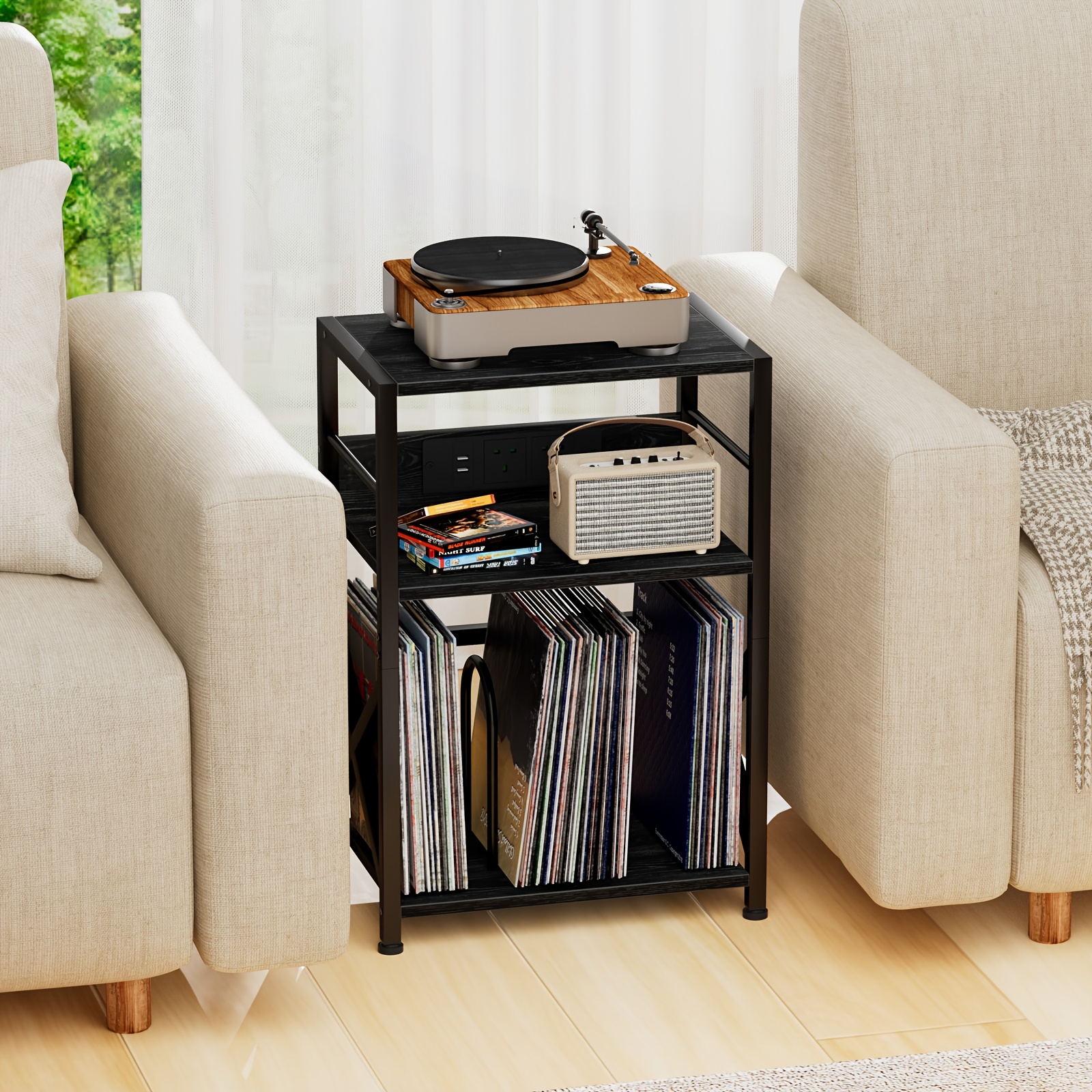 Wooden Record Player Stand with Socket, 3 Layers for 200 Albums