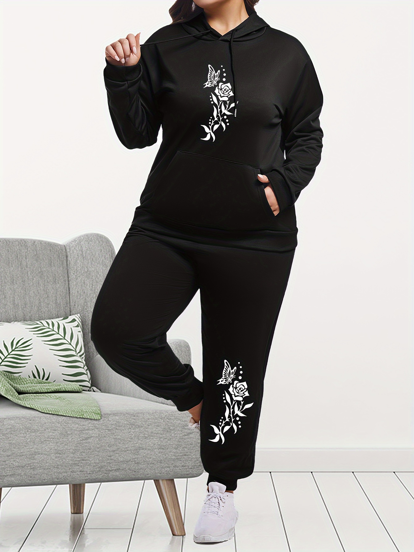 women's plus size floral print hoodie joggers set casual zip
