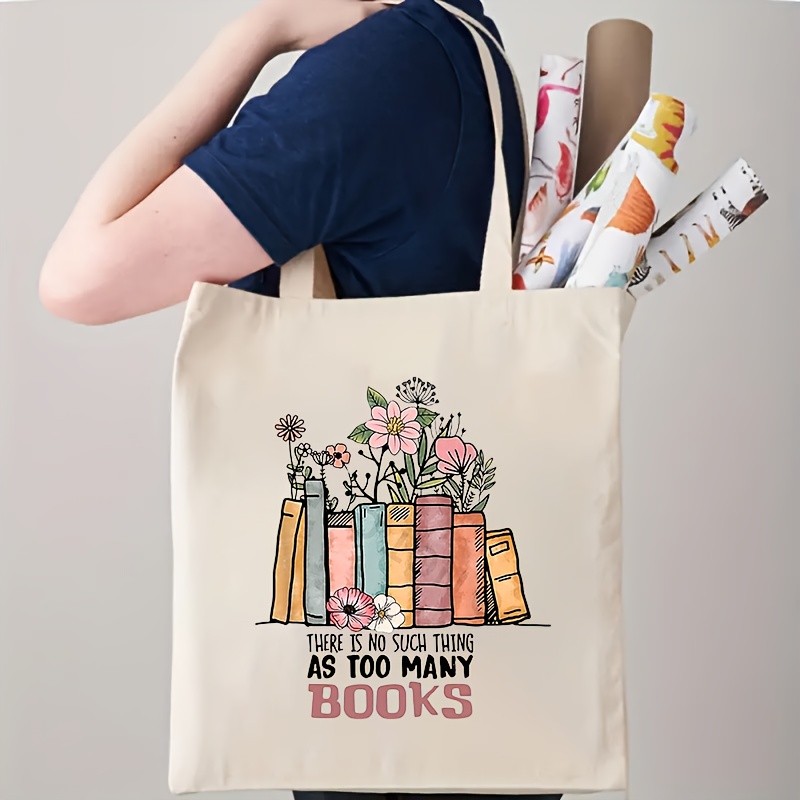 

Beige Canvas Tote Bag, Large Capacity Canvas Shoulder Bag, No Closed Design, Suitable For Travel, Foldable, Chic Pattern, Small Gifts For Book Lover