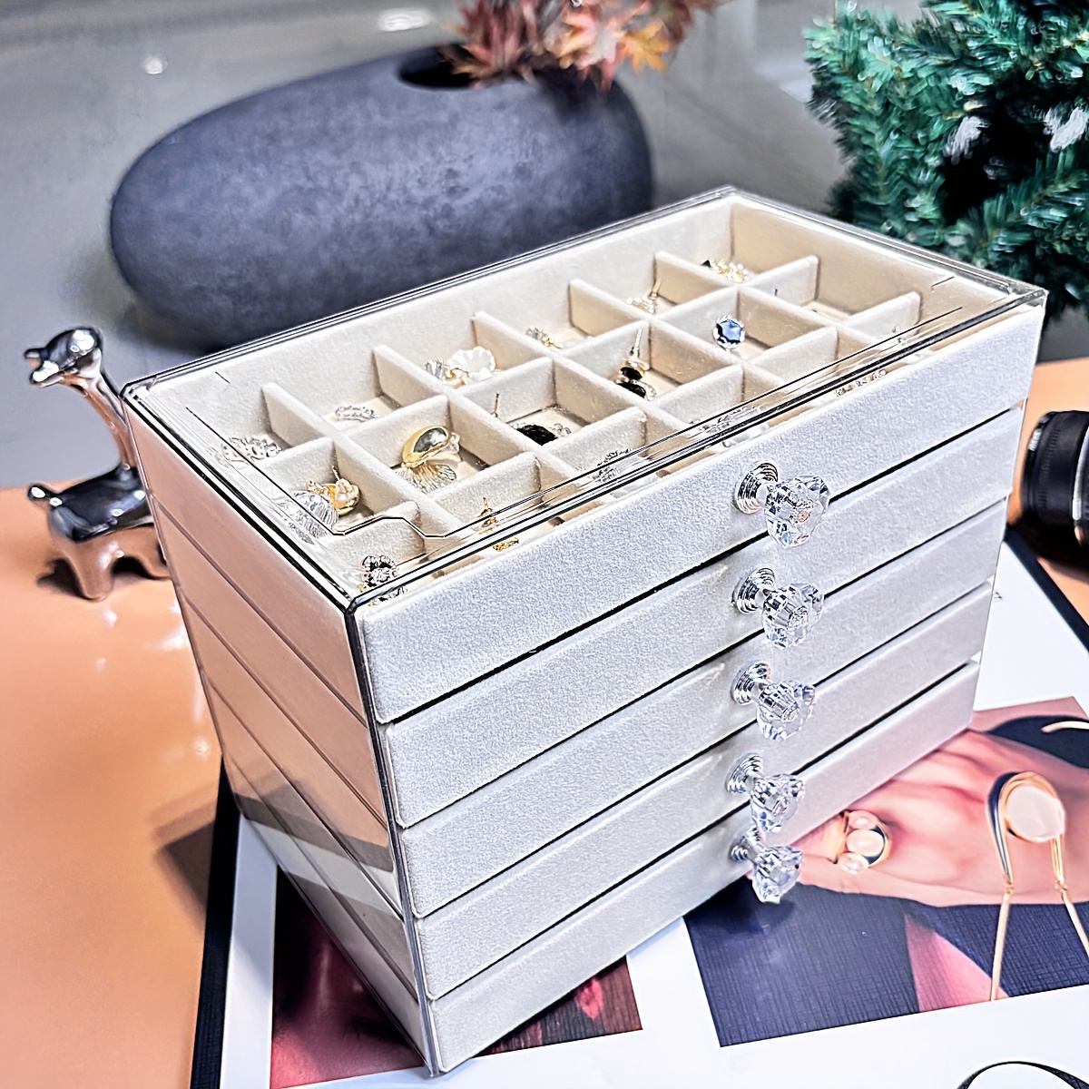   organizer box with beige gray elegant desktop storage case with clear lid multiple compartments slots for rings necklaces bracelets durable plastic construction for   boutique perfect gift for christmas valentines weddings no assembly needed home decor accessory stylish display polished   bridal accessories jewelry boxes Product details 4