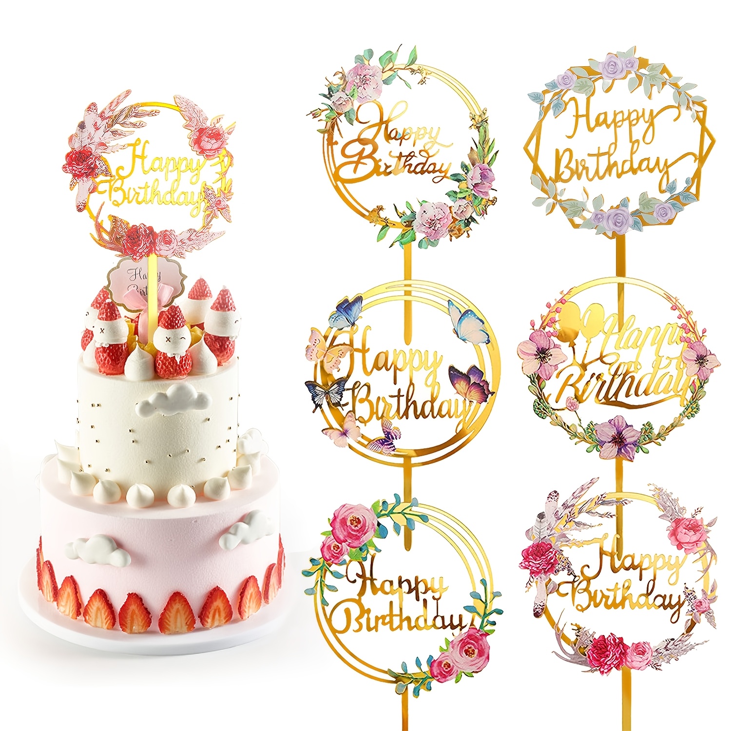 6pcs, Happy Birthday Cake Topper, Multi-patterned Acrylic Cupcake Topper For Birthday Cake Decoration Party