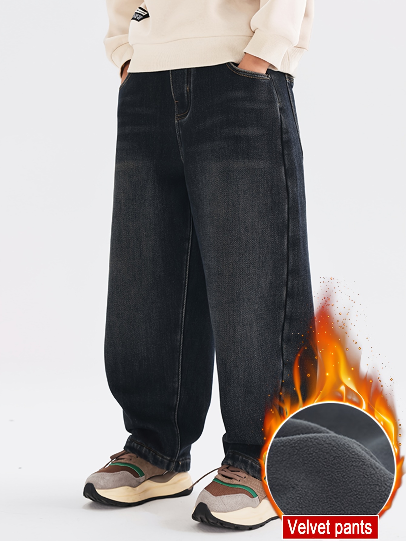 teen street style velvet lined denim jeans solid color baggy
