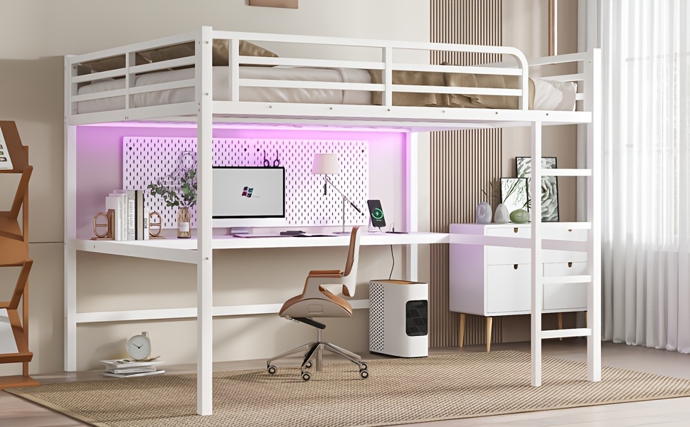 BELLEMAVE Queen Size Heavy-Duty Metal Loft Bed Frame with Built-In Desk, Side Ladder And Full Safety Guardrails, Noise-Reduced Loft Bed, No Box Spring Required, Modern Bedroom Furniture for Small Apartments, Off White
