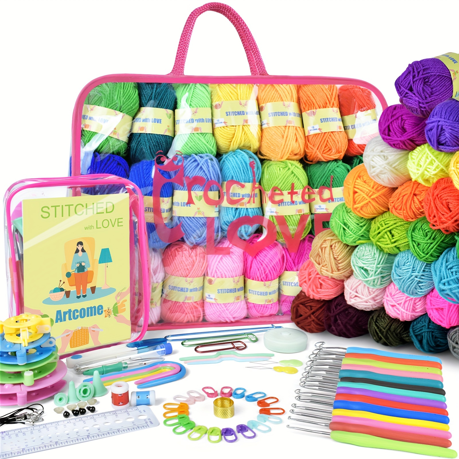 

Kit de crochet de 155 pièces avec 42 fils multicolores et 14 crochets ergonomiques, sac de rangement, fabricant de pompons - Ensemble complet pour débutants et , artisanat toutes (étui rose)