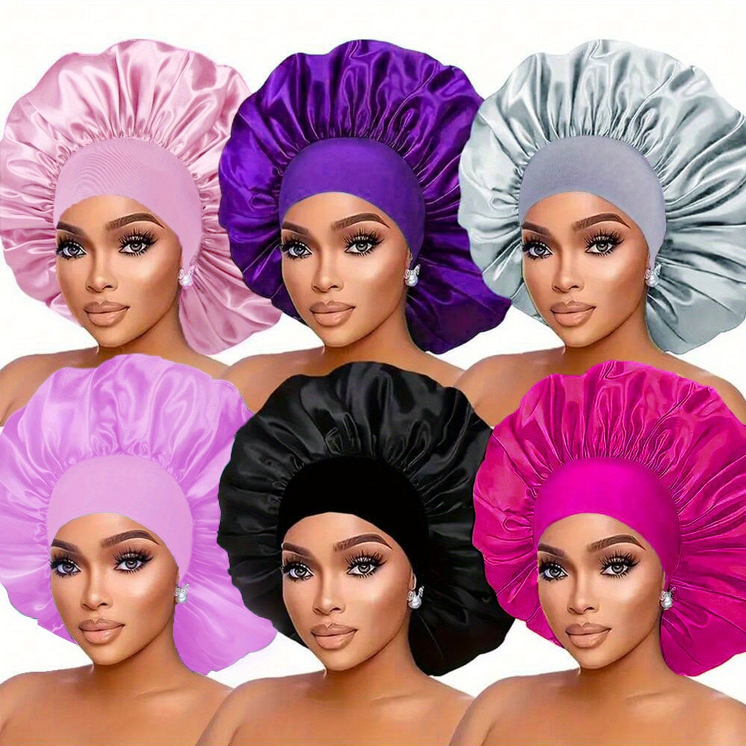 6pcs AWEGEO Women's Satin Bonnet with Elasticated Wide Brim - Breathable Sleep Cap Suitable for Travel, Spa, Daily Use | Elegant Hair Protection Hat, Spring/Fall Accessory