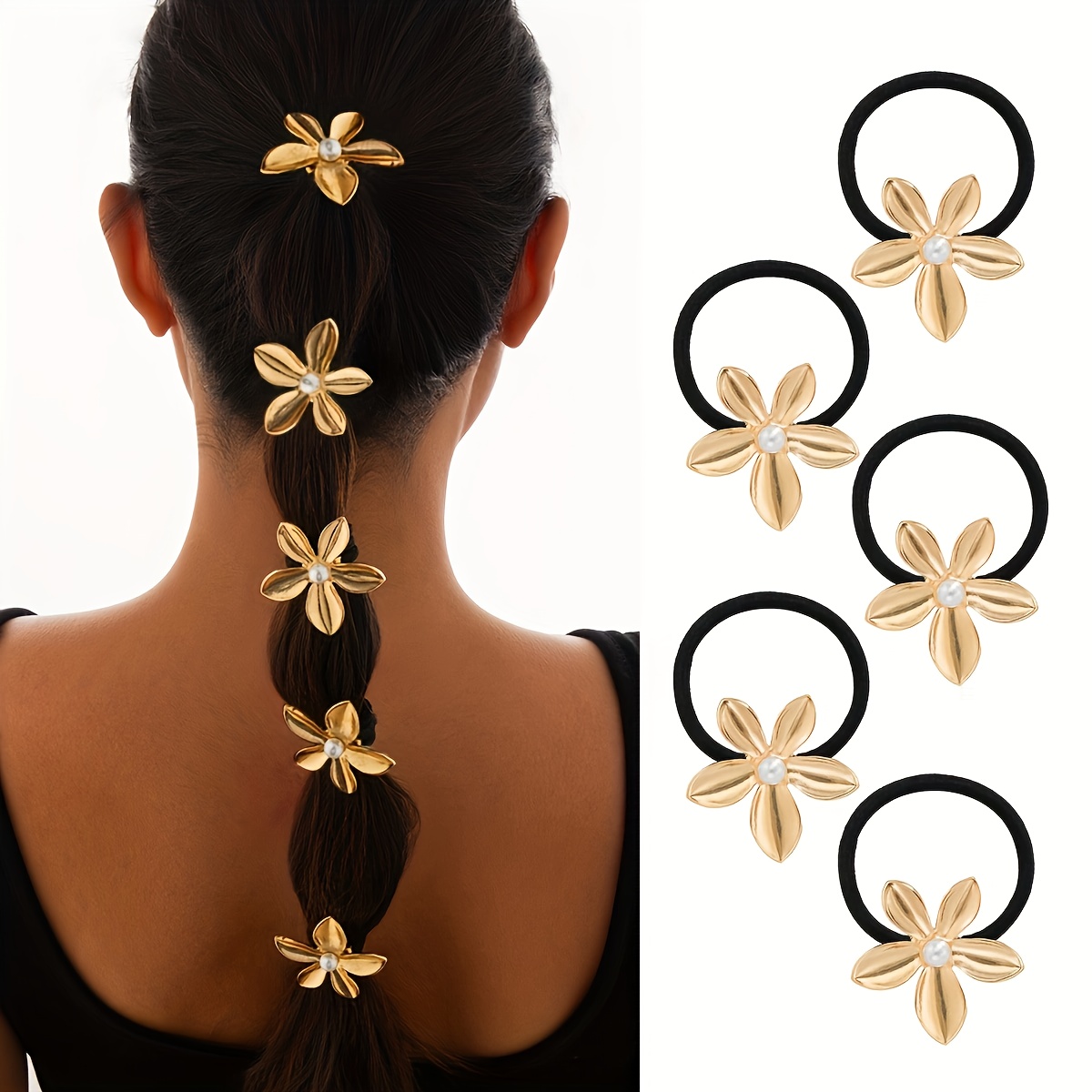 5pcs Elegant Vintage Alloy Flower Ponytail Holders - High Hair Ties With , Solid Color Hair Ropes For Women, Ideal Gift Set