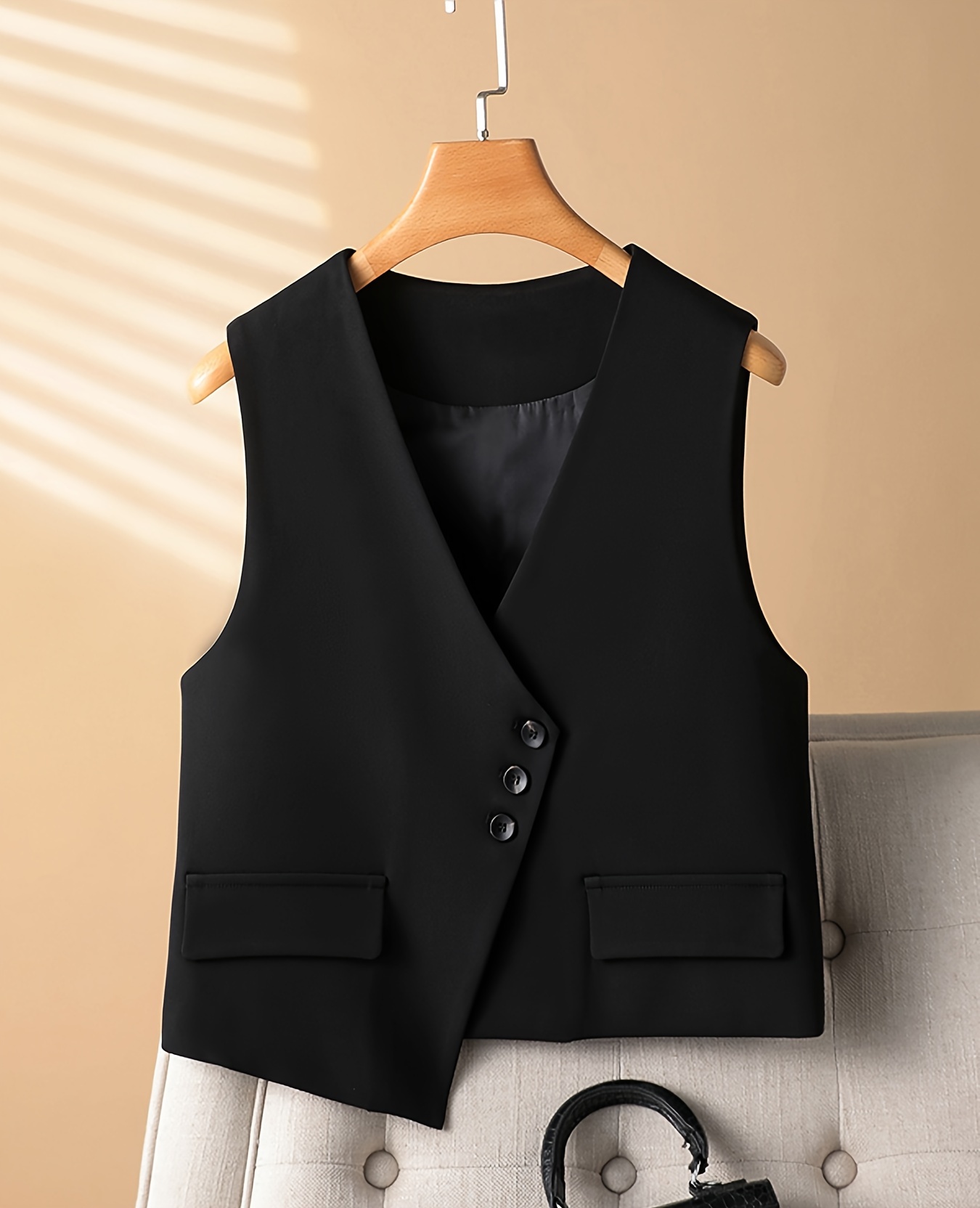 Solid Color Button Front Vest Jacket, Casual Deep V Neck Sleeveless  Backless Slim Jacket For Spring & Fall, Women's Clothing