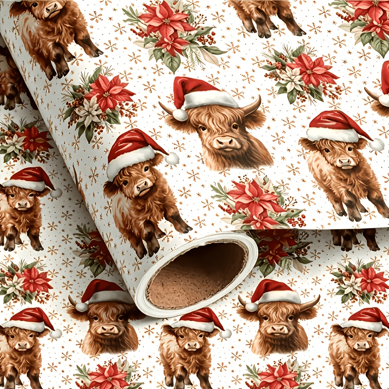 TEMU 1 Rolle Highland Kuh Weihnachtsgeschenkpapierrolle, 43,18 x 299,72 cm, Niedliches Weihnachtsmützengeschenkpapier mit schottischer Kuh und einem