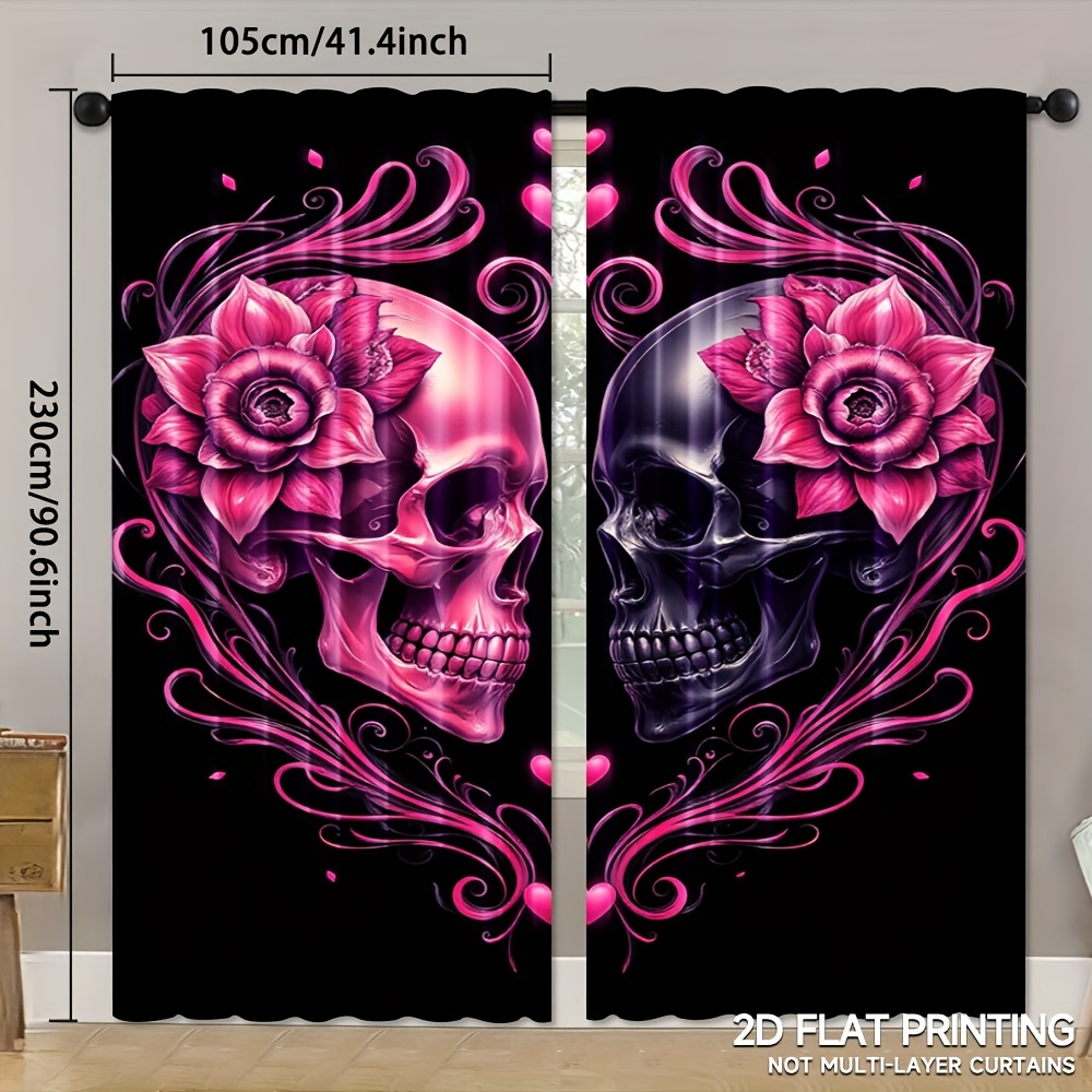 TEMU 2 pièces, Rideaux de Luxe Style Halloween, Imprimé Gothique Cœur et Crâne Rose et Noir, Parfaits pour Salon, Chambre, Bureau, Cuisine et Bureau,