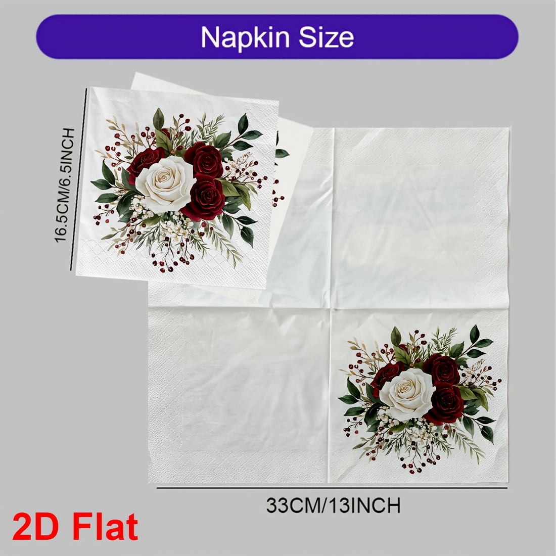 TEMU 20pcs 2d Flat Printed Napkins Elegant Rose Bouquet Printed Disposable Napkinsromantic Red And White For Weddings, Parties, And Special Occasions