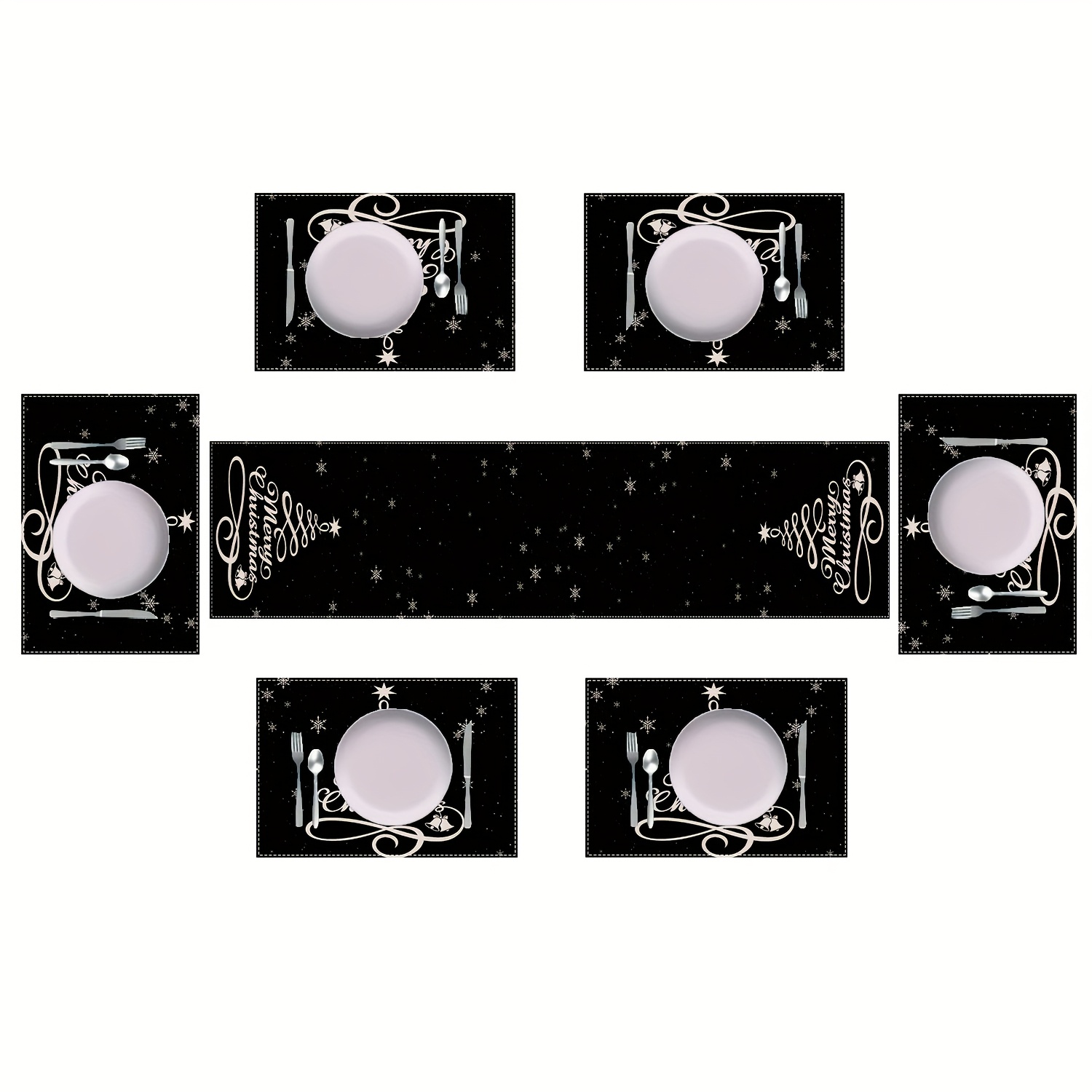 Image of 5/7pcs, Christmas Tree Snowflake Black Christmas Table Runner And Placemat Set, Suitable For Christmas Party Dinner Kitchen Restaurant Table Decoration