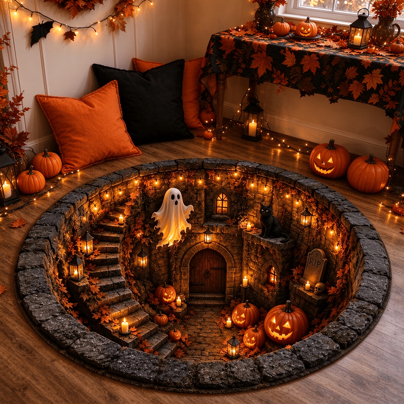 TEMU [velvet And Dot Pattern Backing] 78-inch Extra-large Festive Decorative Rug, High-quality Velvet Halloween Rug, Halloween Ghost Cellar 3d