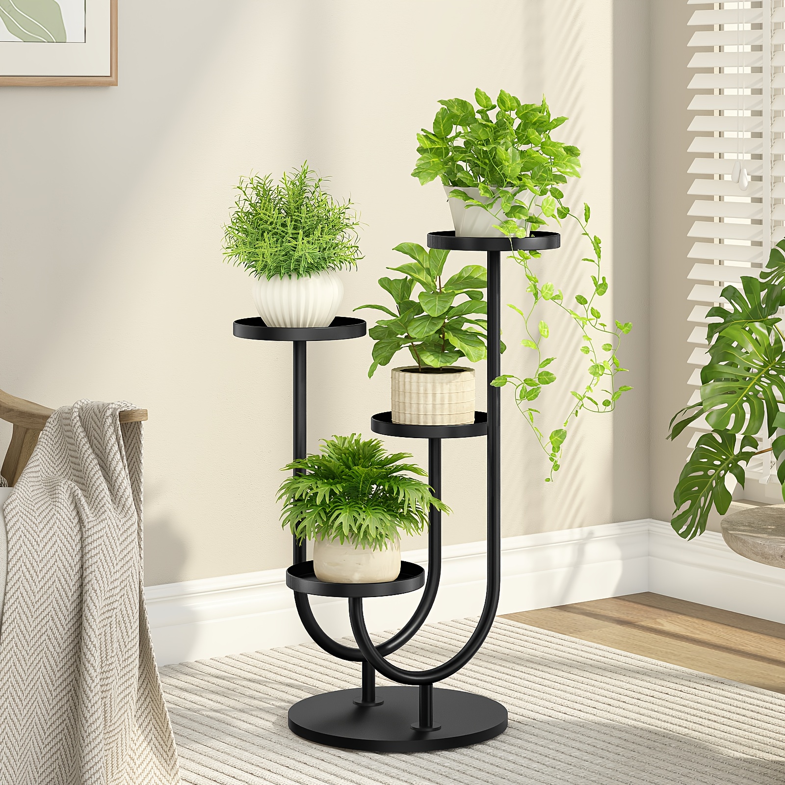 Image of Bamworld Upgraded Outdoor Plant Stand Metal Plant Stand Indoor Corner Plant Stands 4 Pots Plant Shelf For Tall Plant Holder Black Midcentury Modern Plant Shelves For Living Room, Bedroom
