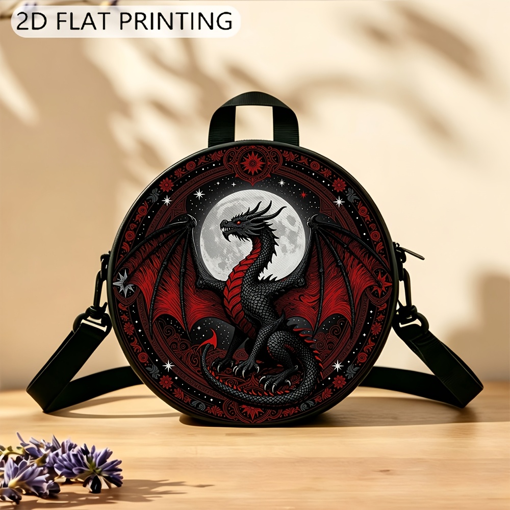 TEMU 1pc 2d Printed Round Shoulder Bag, Red Dragon , Women's Adjustable Shoulder Strap With Zipper And Top Handle, Women's Casual Crossbody Bag,