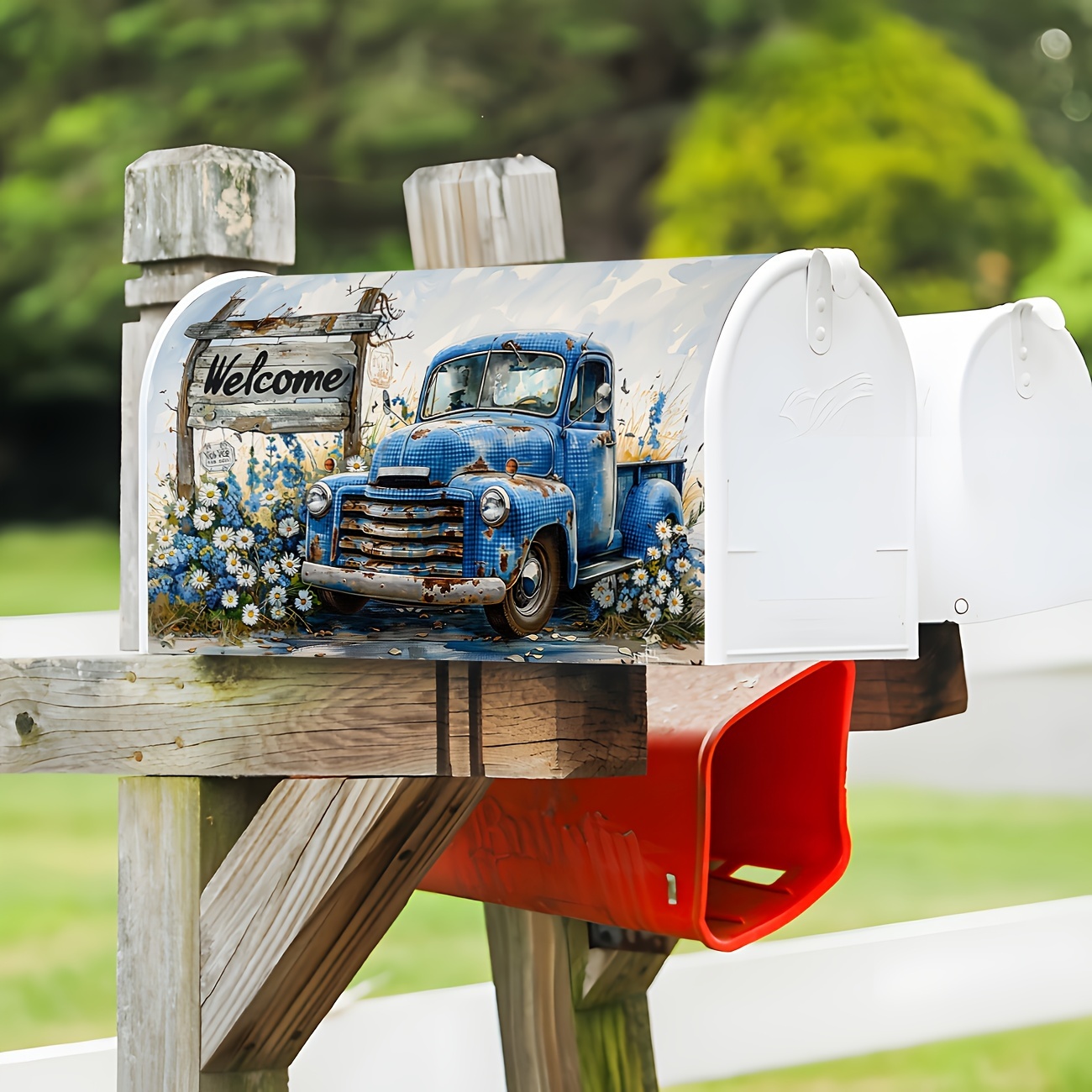 

1pc Rustic Blue Truck & Floral Mailbox Cover, 18"x21" Fabric Outdoor Decor With Welcome Sign, Garden Yard Mailbox Wrap For Home Decoration, Mailbox Decoration