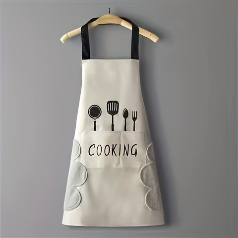 stylish polyester blend apron with pockets thick waterproof oil resistant cooking apron for home and kitchen use fashionable domestic work garment with woven design kitchen supplies details 2