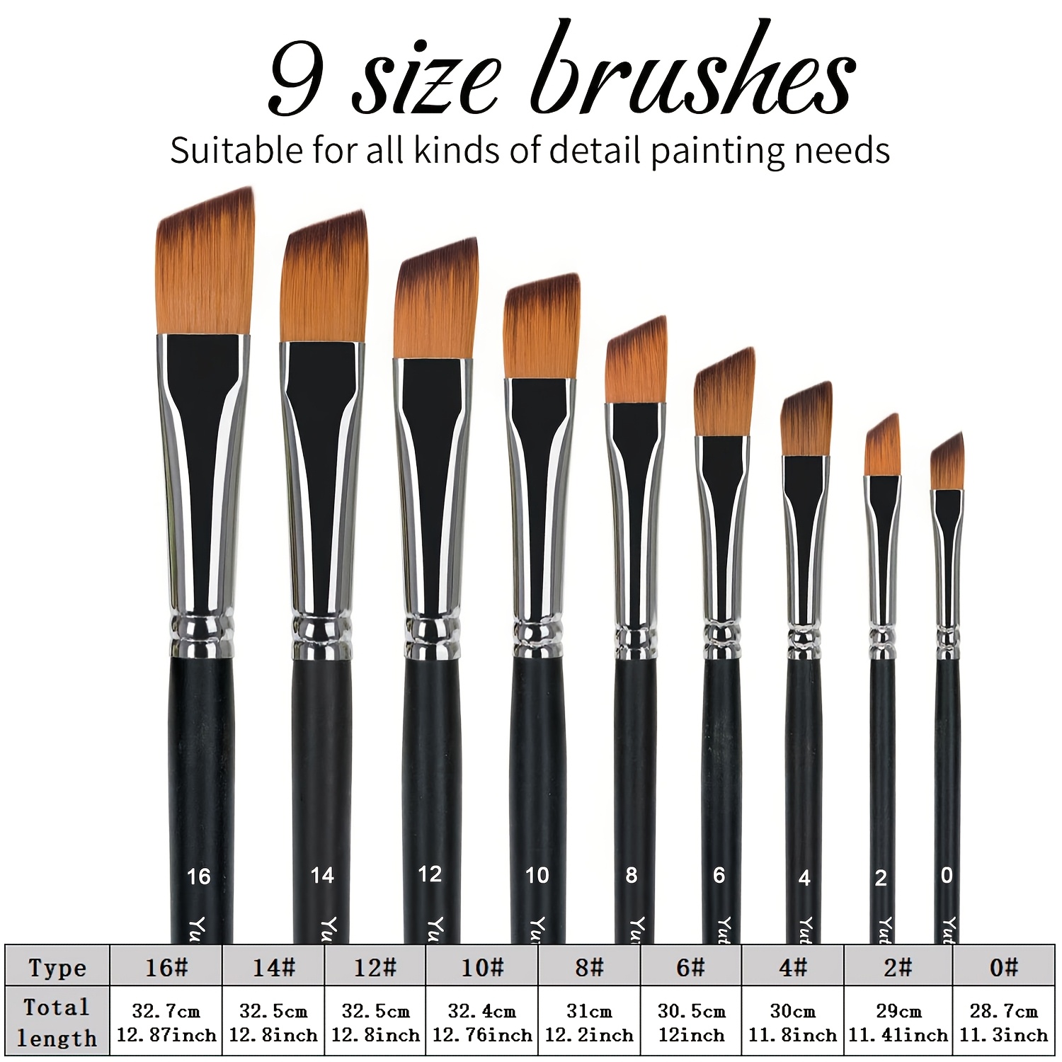 Image of 9pcs Durable Professional Angled Artist Brushes Sleek Black Angled Design, Suitable For Long- Use In Watercolor, Acrylic, Oil Painting And Gouache Projects