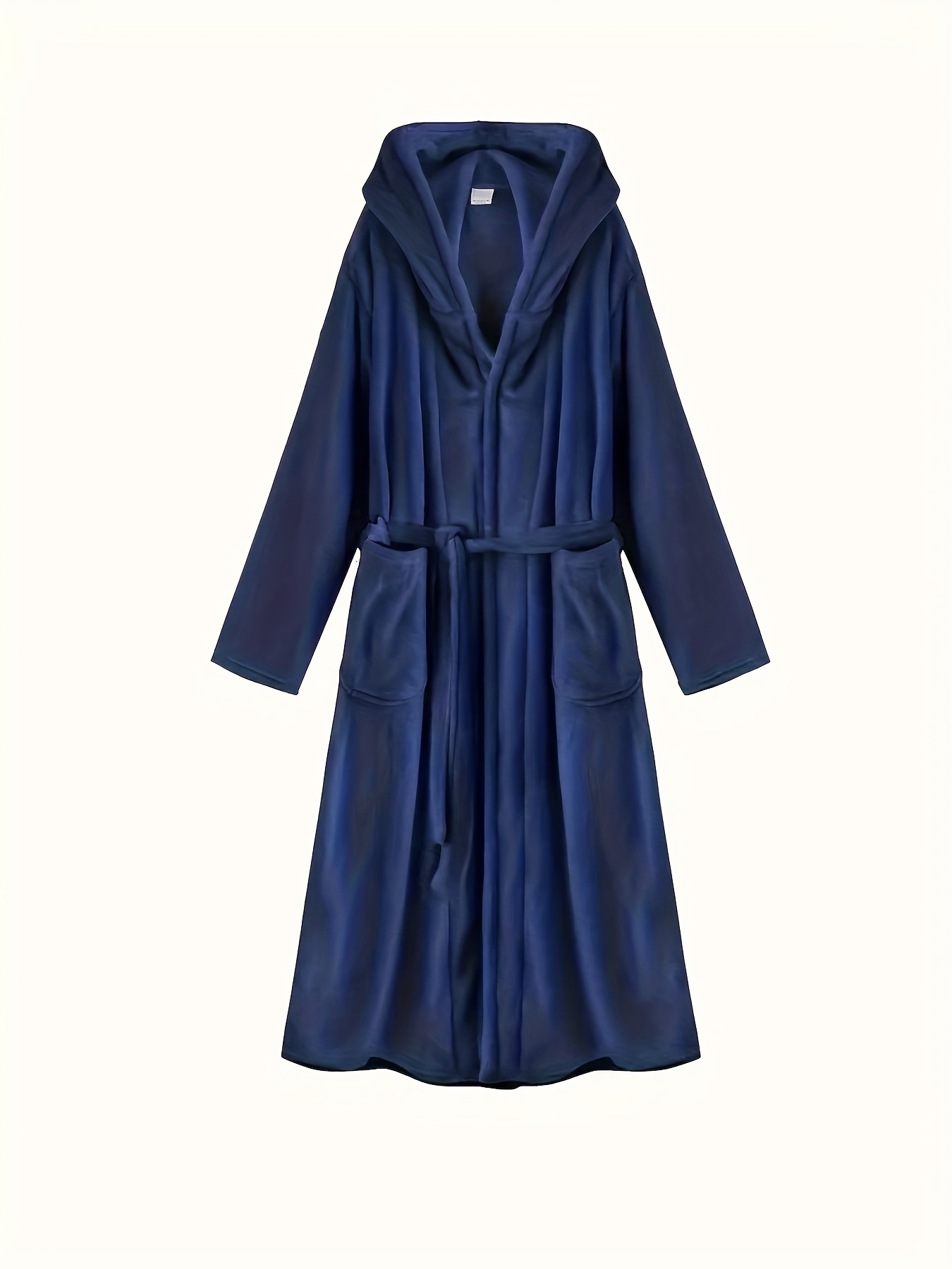 Men's Long Black Fleece Bathrobe with Double Hood - Soft, Breathable, Adjustable Belt, Solid Color, Ideal for Autumn/Winter Comfort