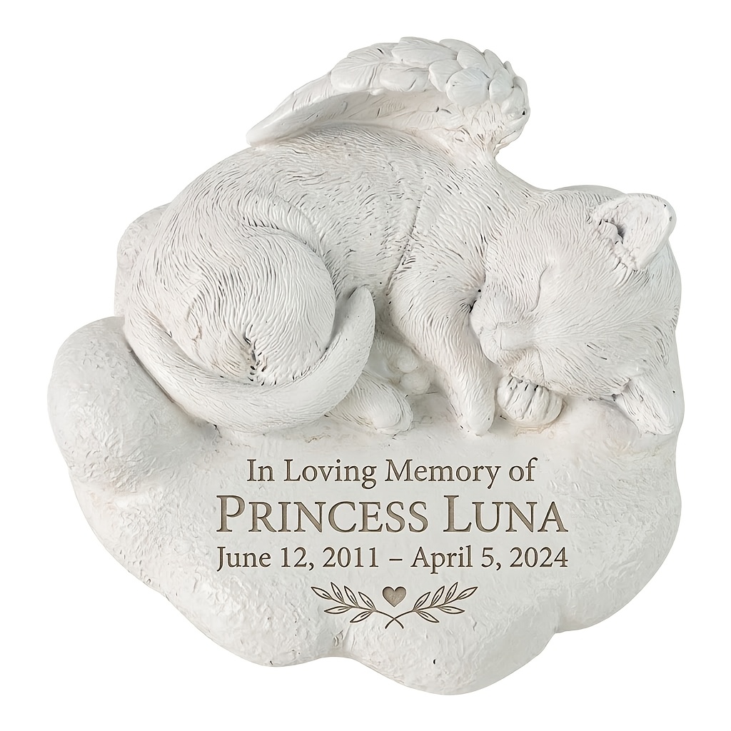 Personalized Cat Memorial Stone, White Cat Figurine for Garden