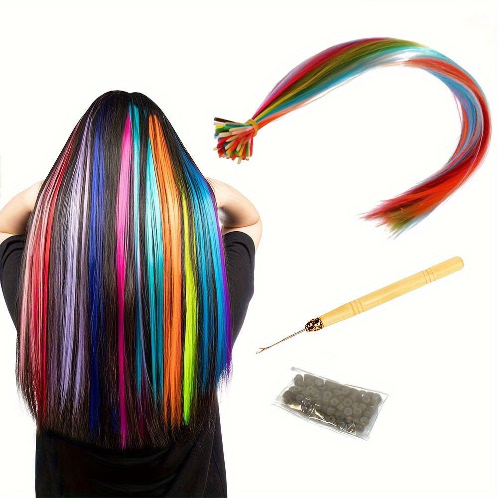 

50 Strands/set Highlight Colorful Straight Feather Hair Extensions With Crochet And Crochet Ring Diy Heat Resistant Colorful Feather Hair Synthetic Hair Accessories For Women For Music Festival