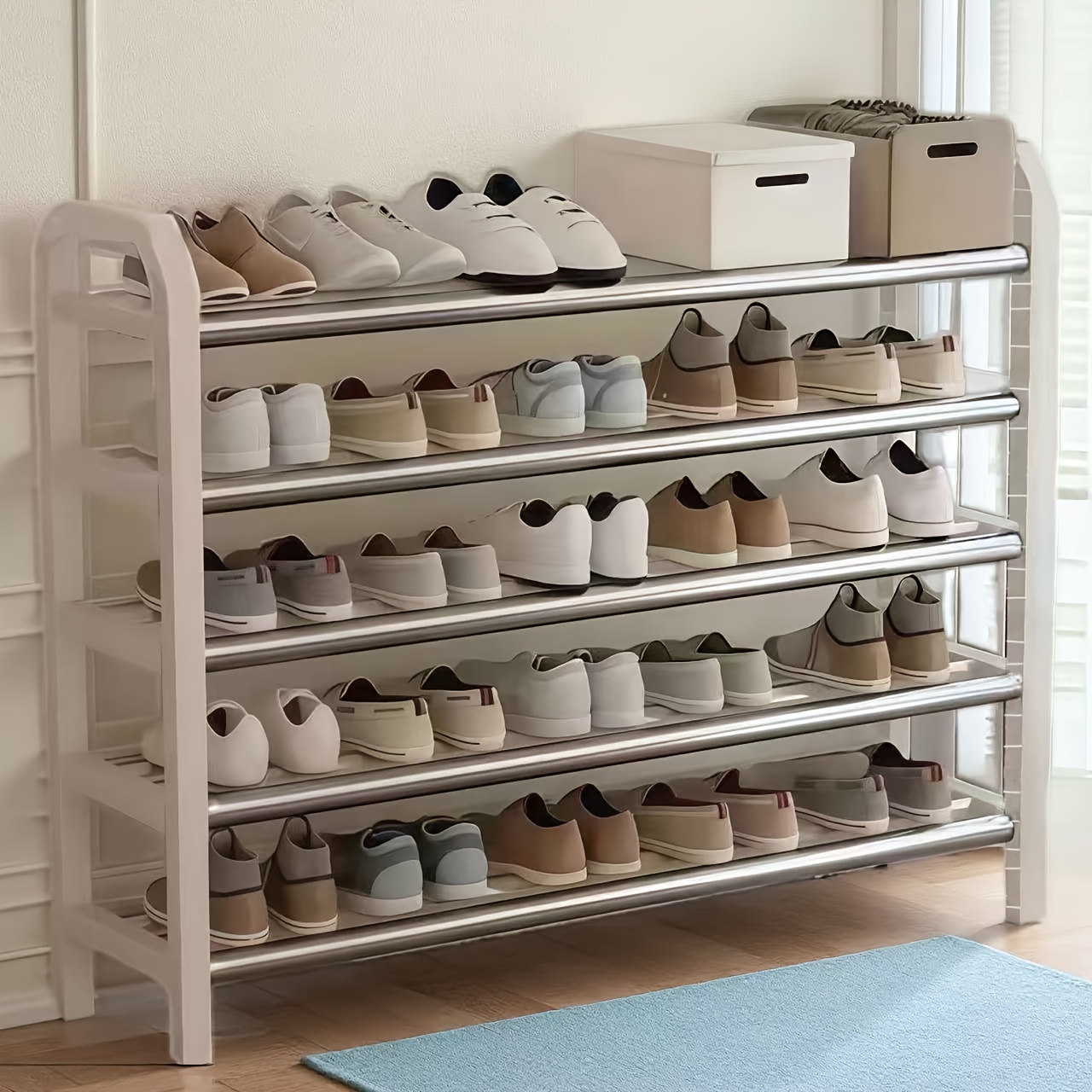 TEMU 5-tier Shoe Rack - Space-saving High-quality Shoe Organizer. Durable Metal And Plastic Storage Rack, Suitable For Shoes, Boots, Jewelry, And