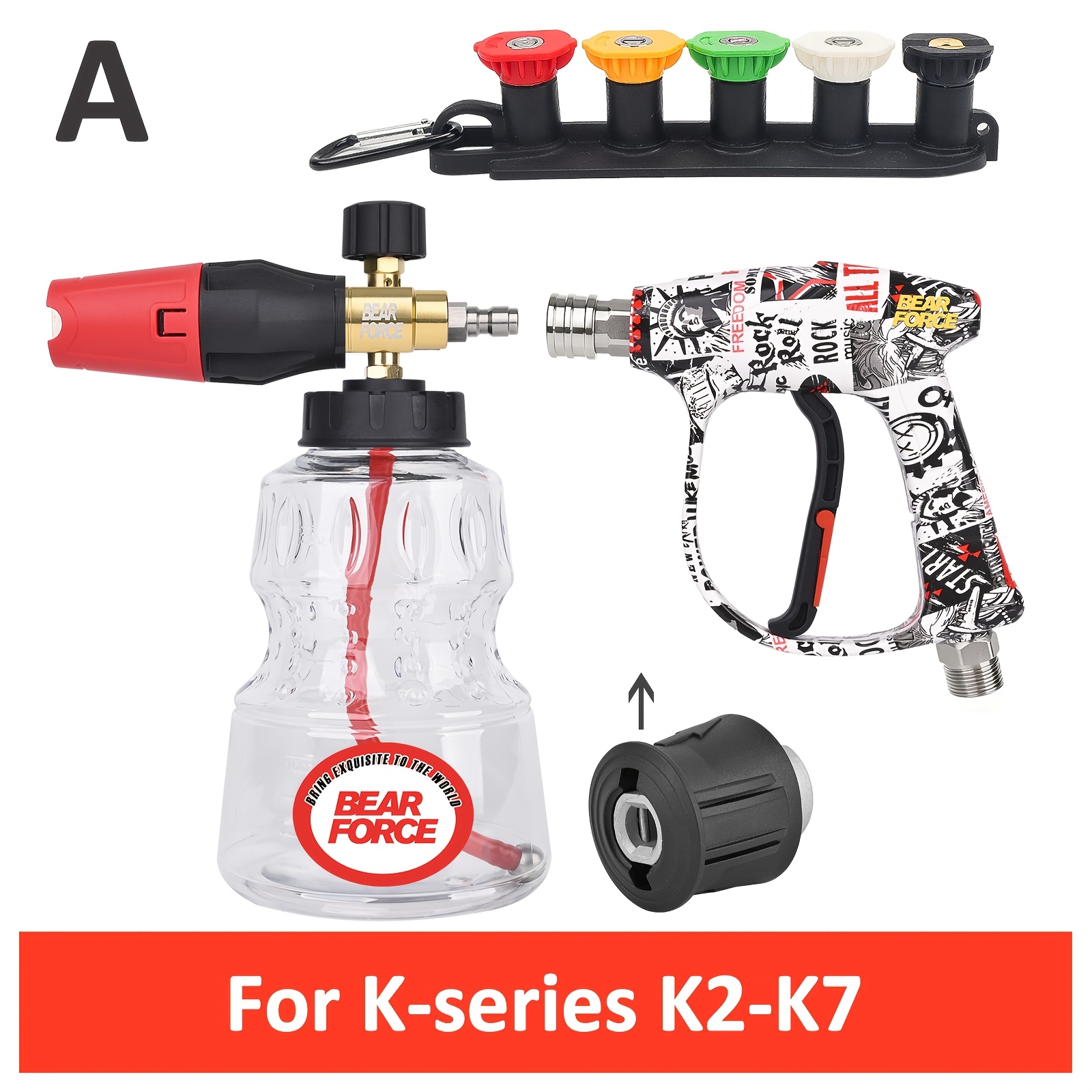 BEAR FORCE Barvna Pištola za Tlačni čRistilec M22-Id14Mm PSI/ 210Bar s 1/4" Hitrim Priključkom & Setom za Snežno Peno, Kompatibilna z K-Serie
