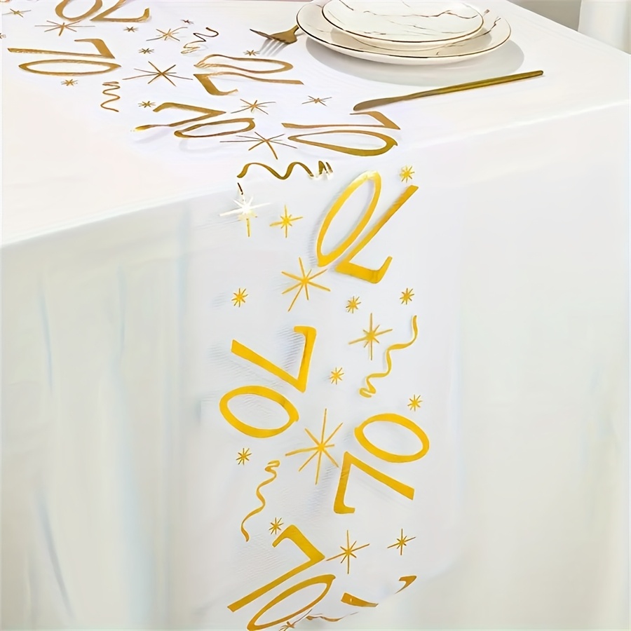 E-shop Eine Rolle eleganter Goldfolie 70. Geburtstag Tischläufer - Goldgestickte Polyester-Mesh-Tischdecke mit stilvollen Sternen und Wirbel-Design,