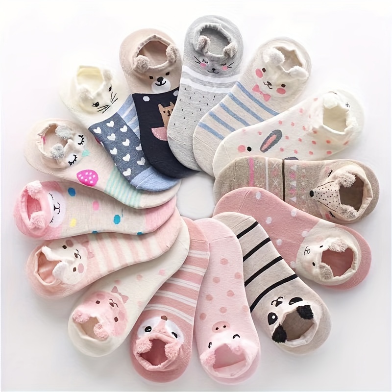 Image of 5 Pairs Of Random Color Teenage Boat Socks Cartoon Animal Three-dimensional Ears Cute And Comfortable Shallow Mouth Socks, For Teenager