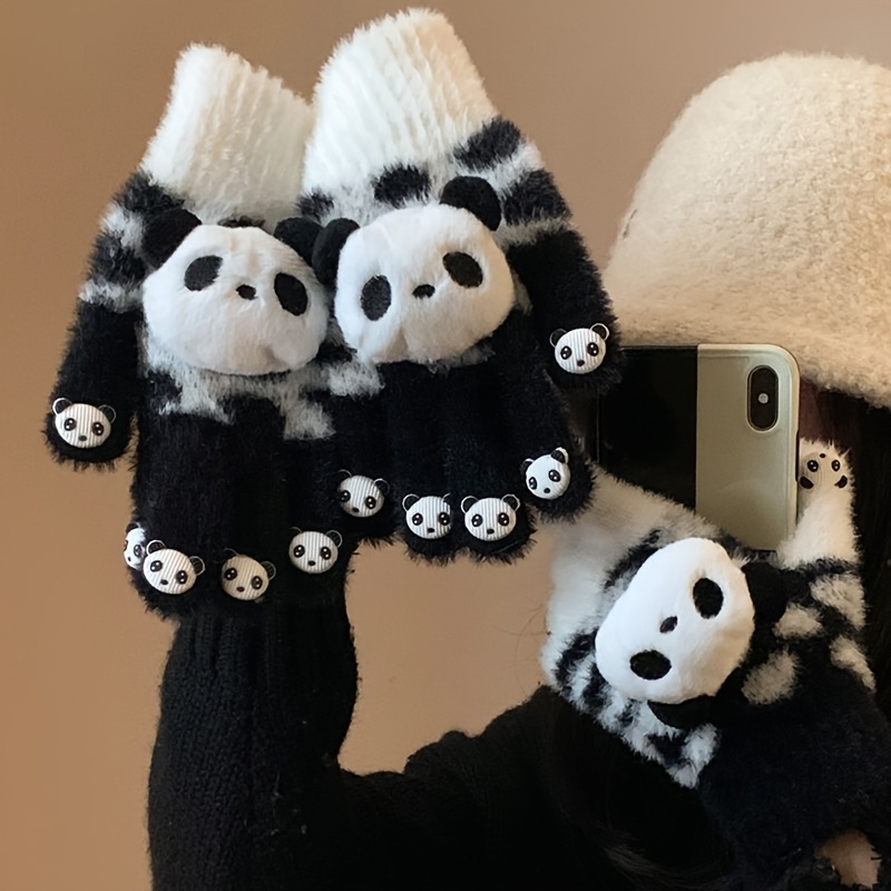 TEMU 1 Paire de Gants Mignons en Peluche Petit Panda pour Femme, Gants d'Hiver Épaissis et Chauds pour Étudiantes, contre pour le Vélo, Compatibles