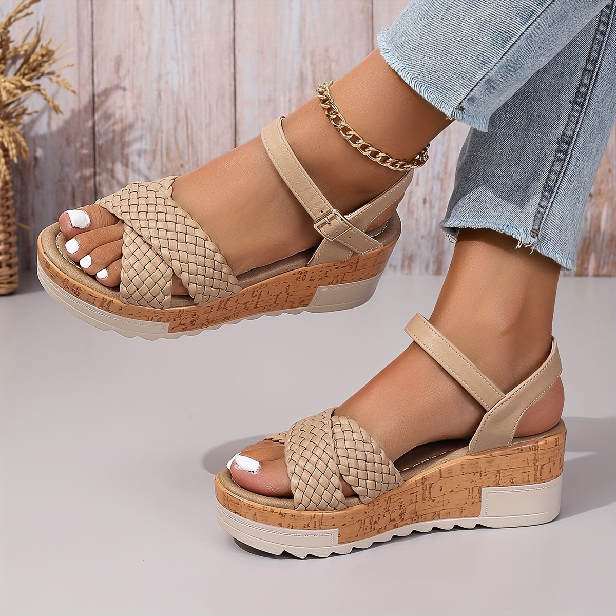Sandalias de Plataforma Étnicas para Mujer con de Madera Correas  Ajustables en el Tobillo, Sandalias Abiertas en Beige Cuero p