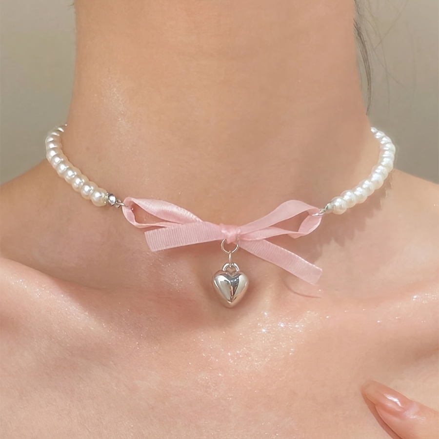 TEMU 1pc Collier Multifonction Style Français avec Nœud Cœur Rose Doux, pour Femmes, Chaîne Clavicule