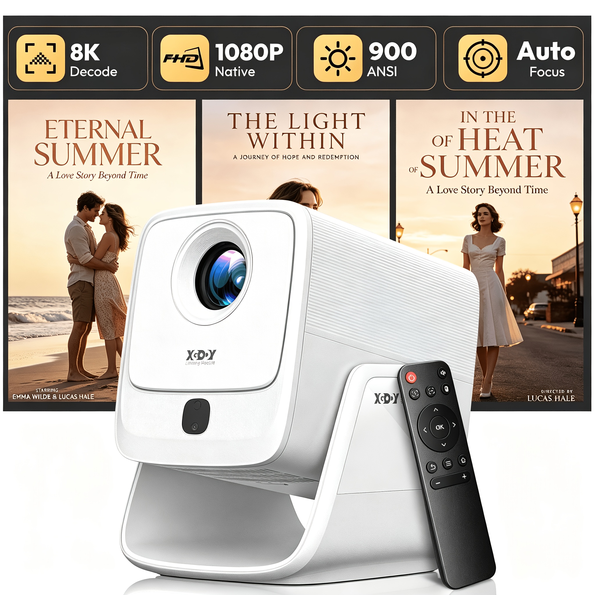 Image of Xgody Native 1080p Smart Projector, 900ansi, Hdr10 & 8k , Auto Focus, 6d Keystone, 90° Rotating Gimbal, Wifi 6, Bt 5.4, Dual 8w Speakers, Short Throw Projector For