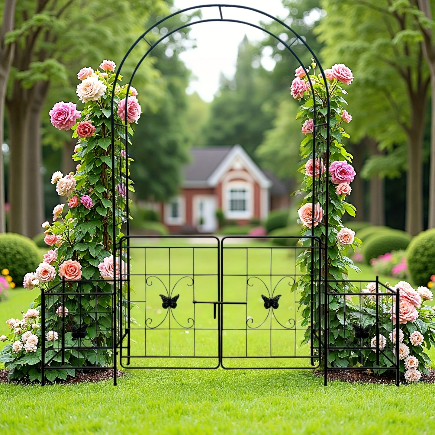 Elegant Black Metal Garden Arch with Doo & Plant Pots - Climbing Plant Support Trellis for Weddings, Roses & Greenery,   Outdoor Celebrations, Garden Decorations