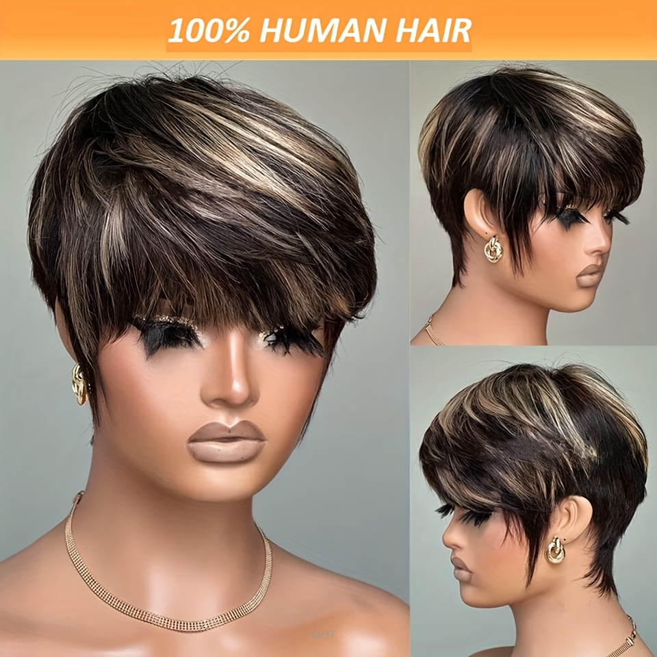 

180% Density Brazilian Human Hair Short Cut Wigs For Women Mixed Color 1b/27/60 Highlight Glueless Layered Human Hair Wigs With Bangs Full Machine Made Wigs