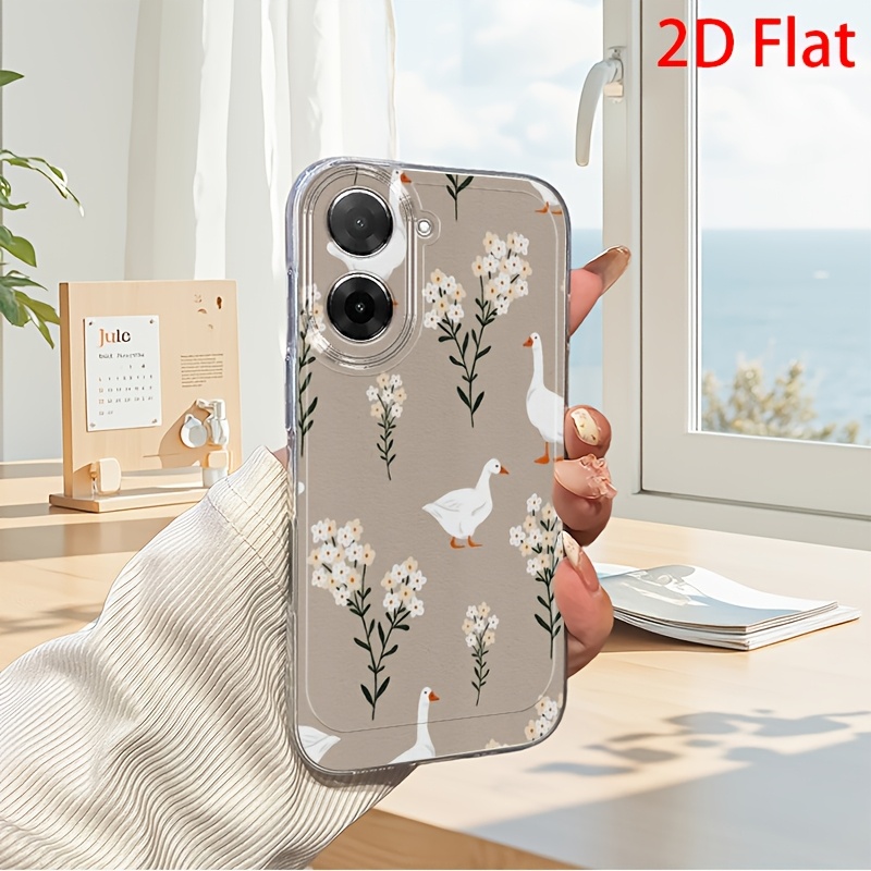Ovitek za telefon: 2D ravna bela gos in majhna roža, primeren za Redmi 10 12C 13 14C 15 5G A3 A5 4G Note 10 11S 12 13 14Pro+, Xiaomi 15 13 14T